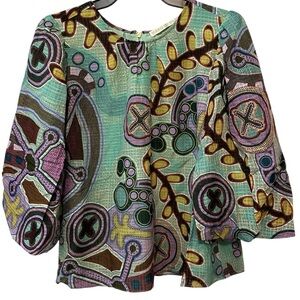 NWOT Marie Oliver Teal Brown Abstract Print Harly Top Blouson 3/4 Sleeves